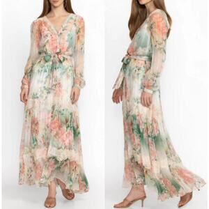 Johnny Was Ruksana Silk Maxi Dress Sheer overdress with Under Chemise and Belt S